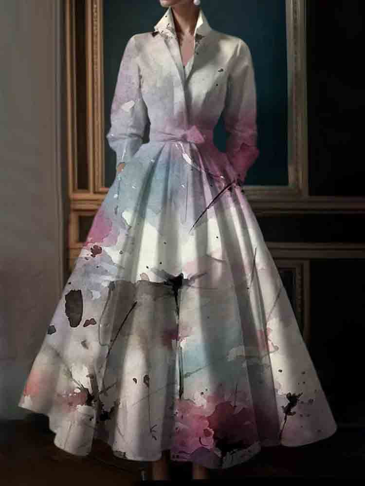 Plus Size Simple Blue Flowers Stand Collar Midi Shirt Dress - Image 3