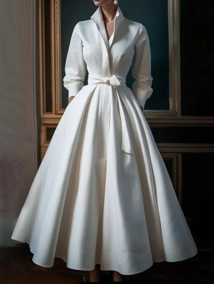 Plus Size Simple Blue Flowers Stand Collar Midi Shirt Dress - Image 5