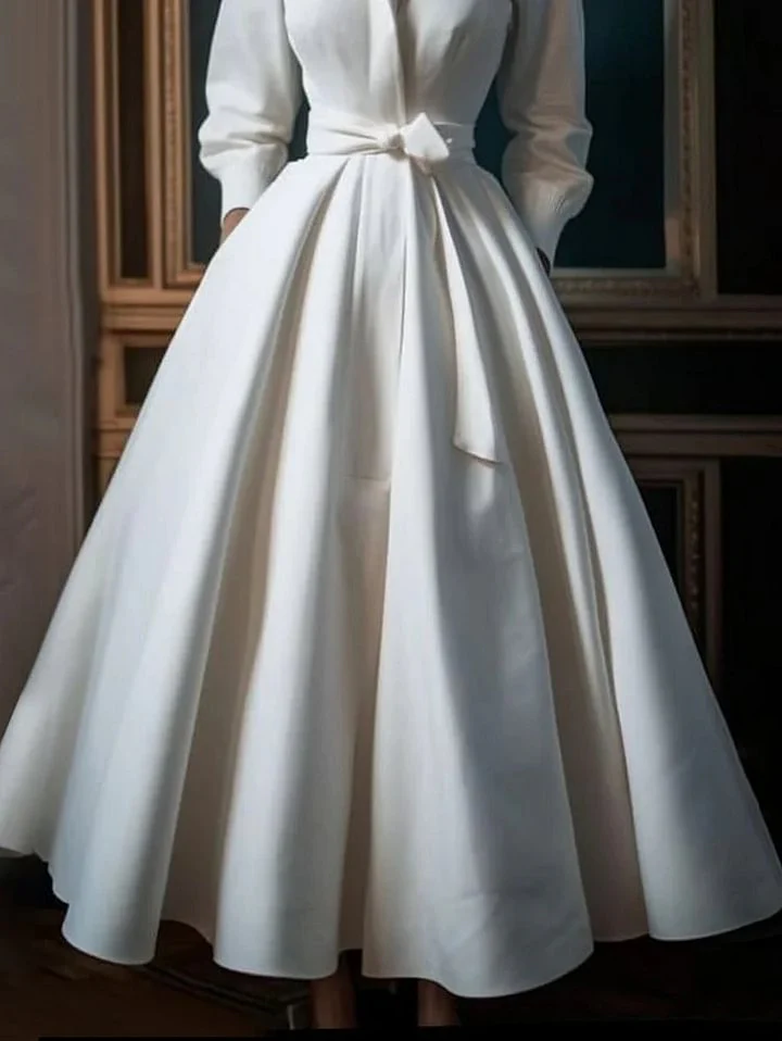 Plus Size Simple Solid Color Stand Collar Midi Shirt Dress - Image 3