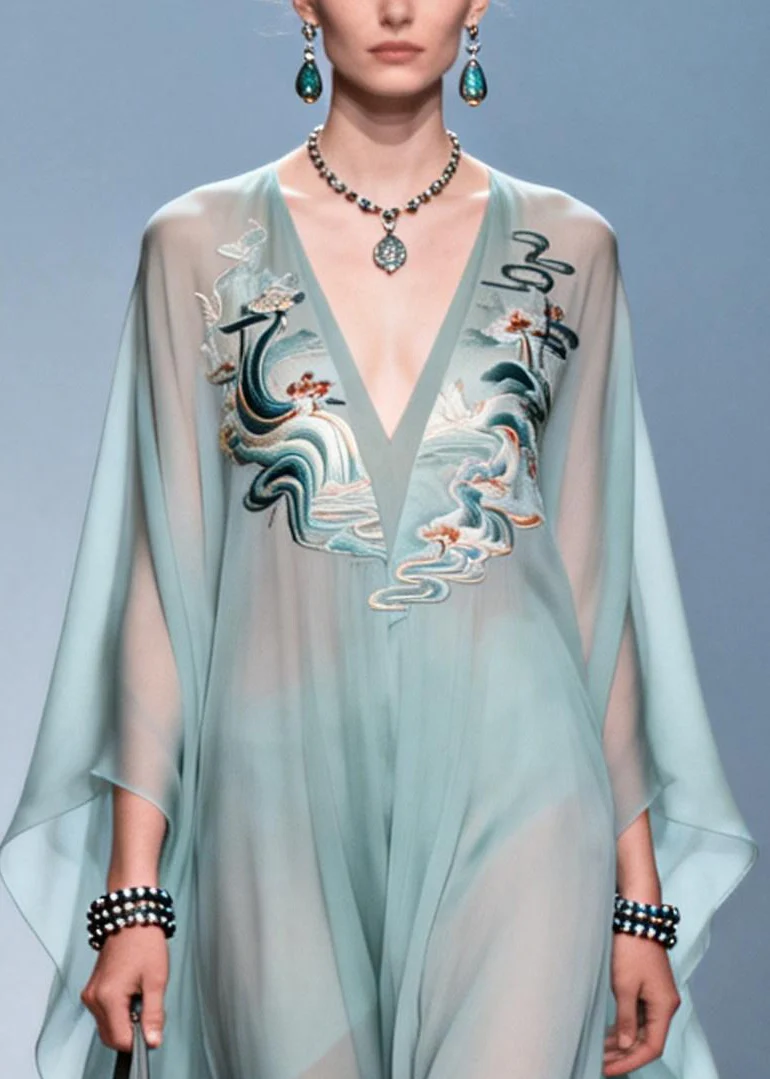 Plus Size Sky Blue Print Draping Chiffon Maxi Dress Batwing Sleeve - Image 2