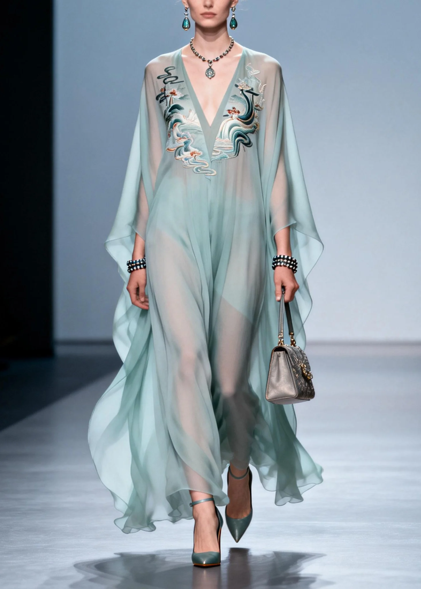 Plus Size Sky Blue Print Draping Chiffon Maxi Dress Batwing Sleeve - Image 3