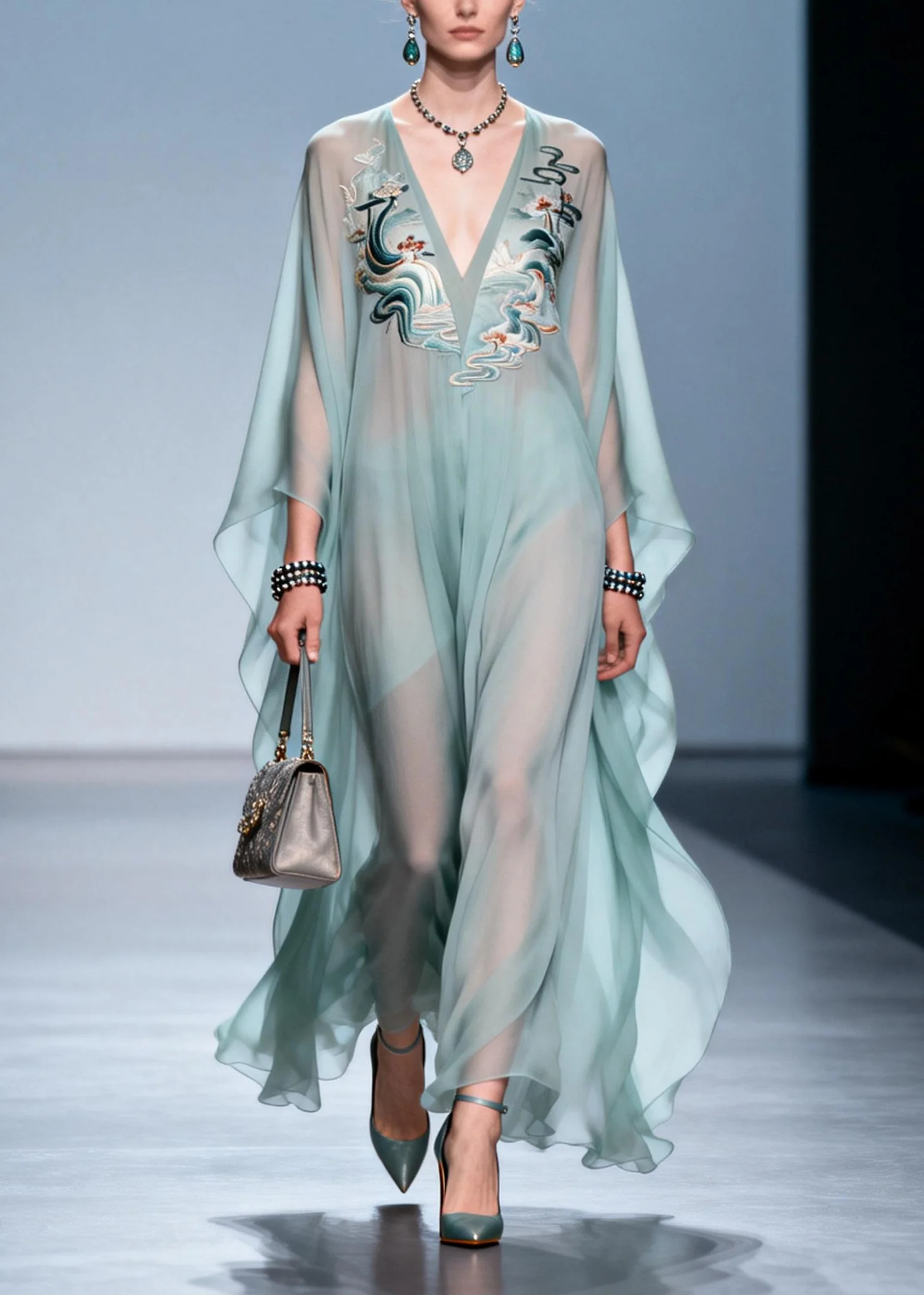 Plus Size Sky Blue Print Draping Chiffon Maxi Dress Batwing Sleeve - Image 5