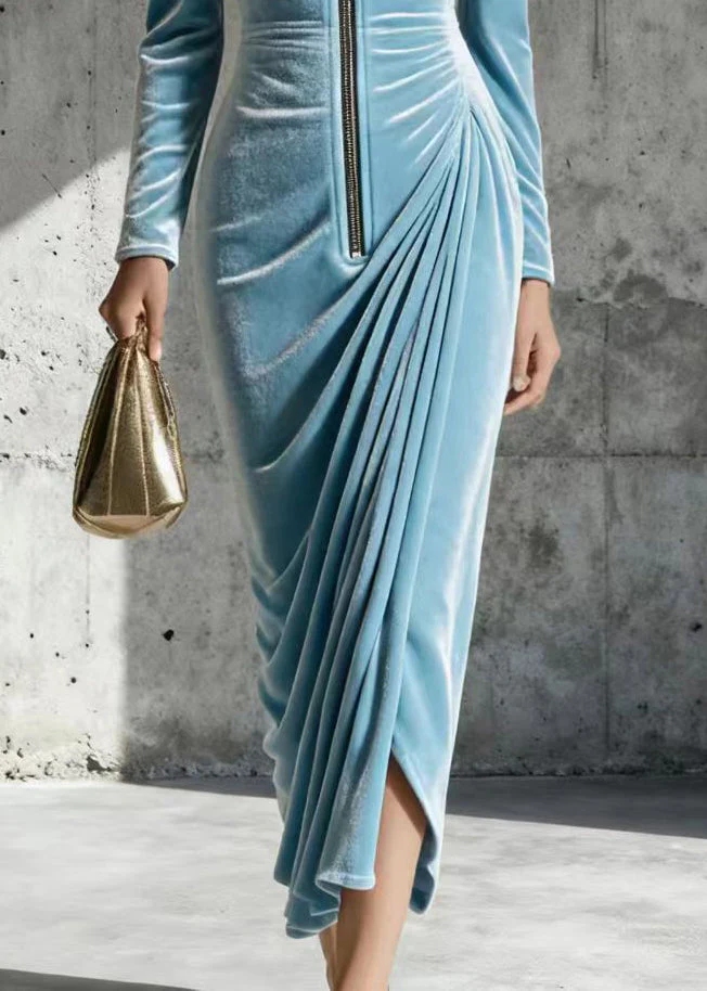 Plus Size Sky Blue Zip Up Wrinkled Silk Velvet Maxi Dresses Spring - Image 4
