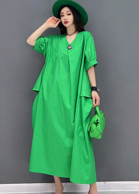 Plus Size Solid Green V Neck Big Pockets Cotton Maxi Dress Short Sleeve - Image 2