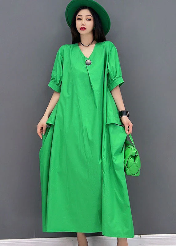Plus Size Solid Green V Neck Big Pockets Cotton Maxi Dress Short Sleeve - Image 3