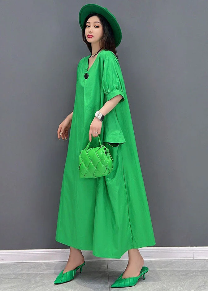 Plus Size Solid Green V Neck Big Pockets Cotton Maxi Dress Short Sleeve - Image 4