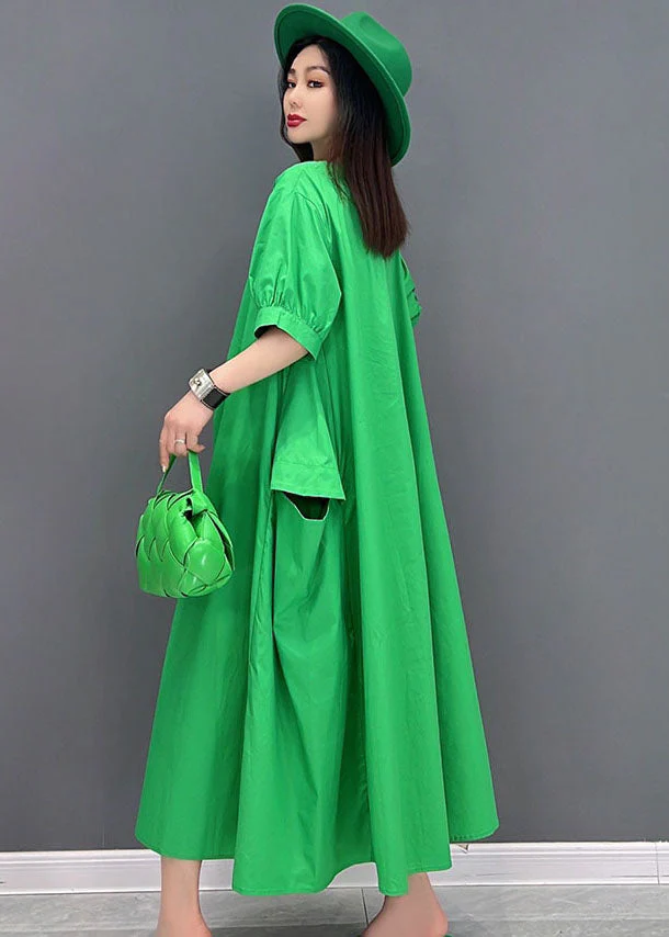 Plus Size Solid Green V Neck Big Pockets Cotton Maxi Dress Short Sleeve - Image 5