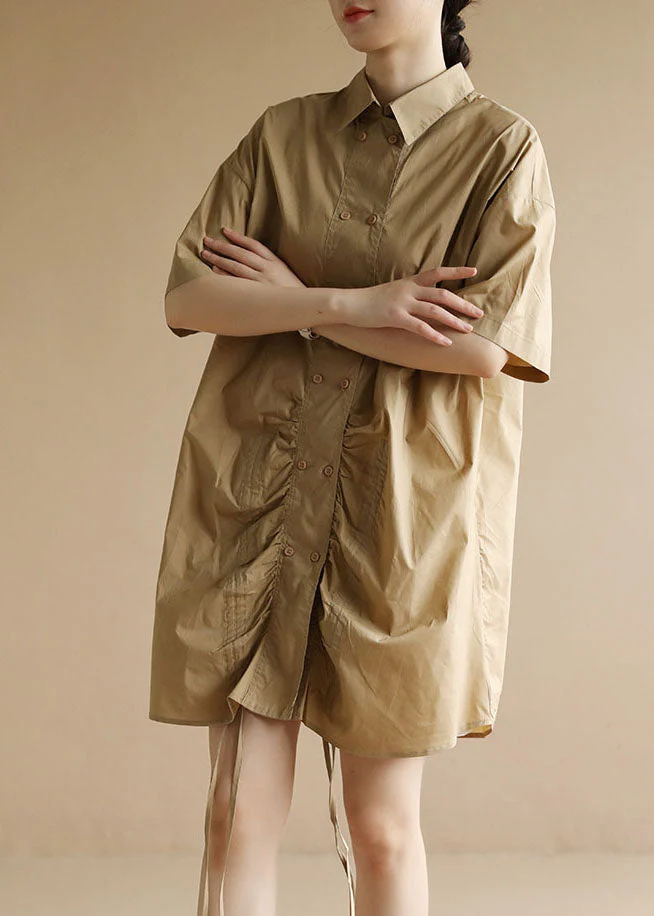 Plus Size Solid Khaki Peter Pan Collar Drawstring Double Breast Cotton Dresses Short Sleeve - Image 2