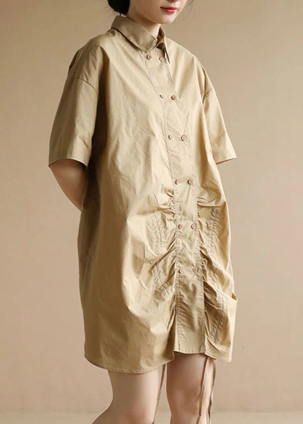 Plus Size Solid Khaki Peter Pan Collar Drawstring Double Breast Cotton Dresses Short Sleeve - Image 3
