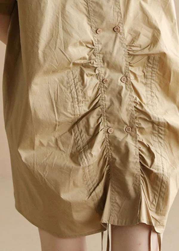 Plus Size Solid Khaki Peter Pan Collar Drawstring Double Breast Cotton Dresses Short Sleeve - Image 4