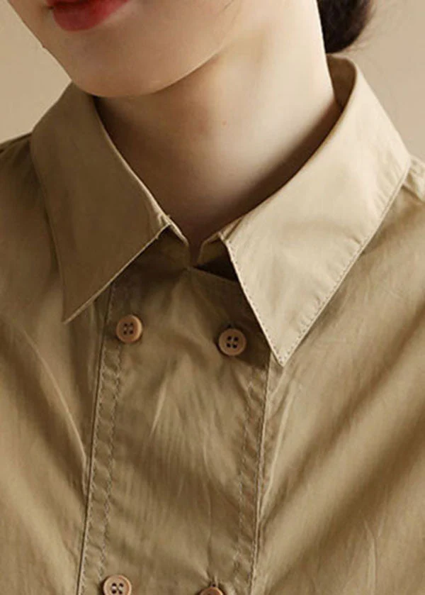 Plus Size Solid Khaki Peter Pan Collar Drawstring Double Breast Cotton Dresses Short Sleeve - Image 5