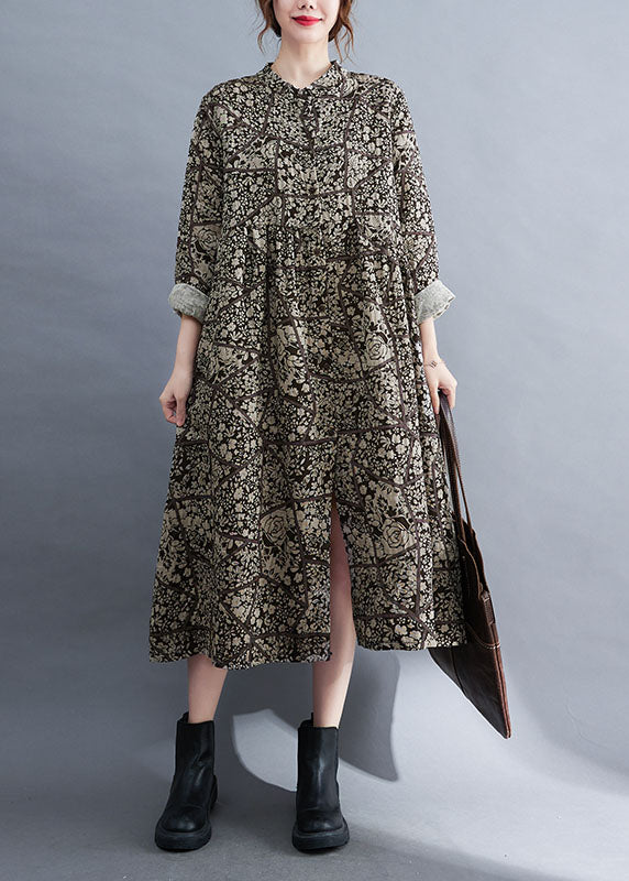 Plus Size Stand Collar Button Print Patchwork Fall Maxi Dresses Long sleeve - Image 2