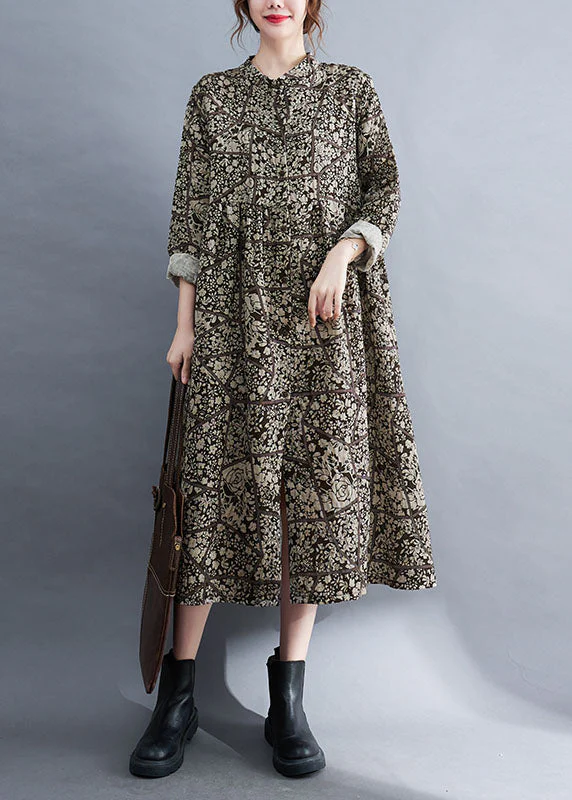 Plus Size Stand Collar Button Print Patchwork Fall Maxi Dresses Long sleeve - Image 3