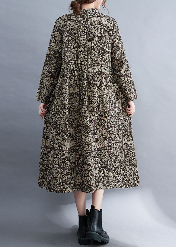 Plus Size Stand Collar Button Print Patchwork Fall Maxi Dresses Long sleeve - Image 4