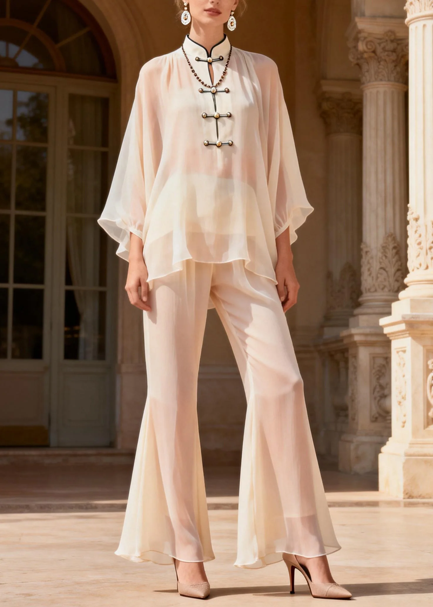 Plus Size Stand Collar Chinese Button Patchwork Silk Two Piece Set Summer - Image 3