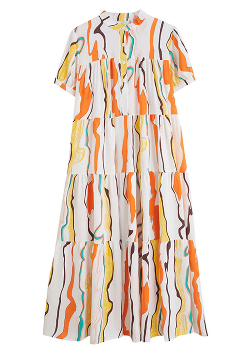 Plus Size Stand Collar Exra Large Hem Print Cotton Ankle Dress Summer - Image 5