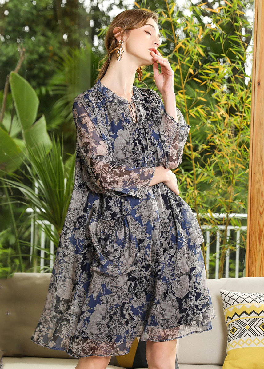 Plus Size Stand Collar Oversized Print Chiffon Holiday Dress Long Sleeve - Image 2