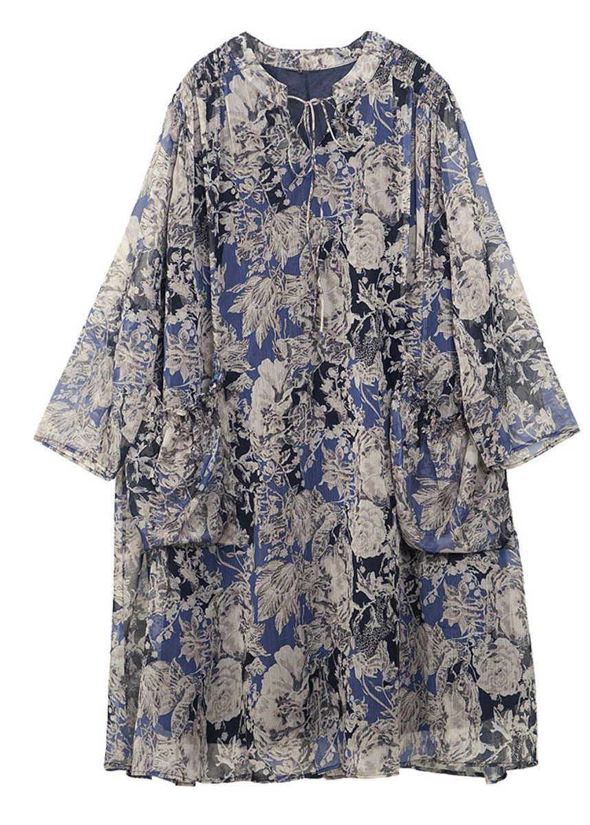 Plus Size Stand Collar Oversized Print Chiffon Holiday Dress Long Sleeve - Image 5