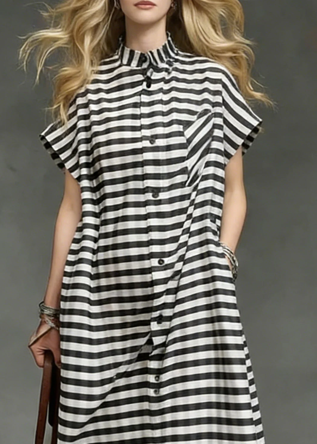 Plus Size Striped Pockets Side Open Cotton Long Dresses Summer - Image 2