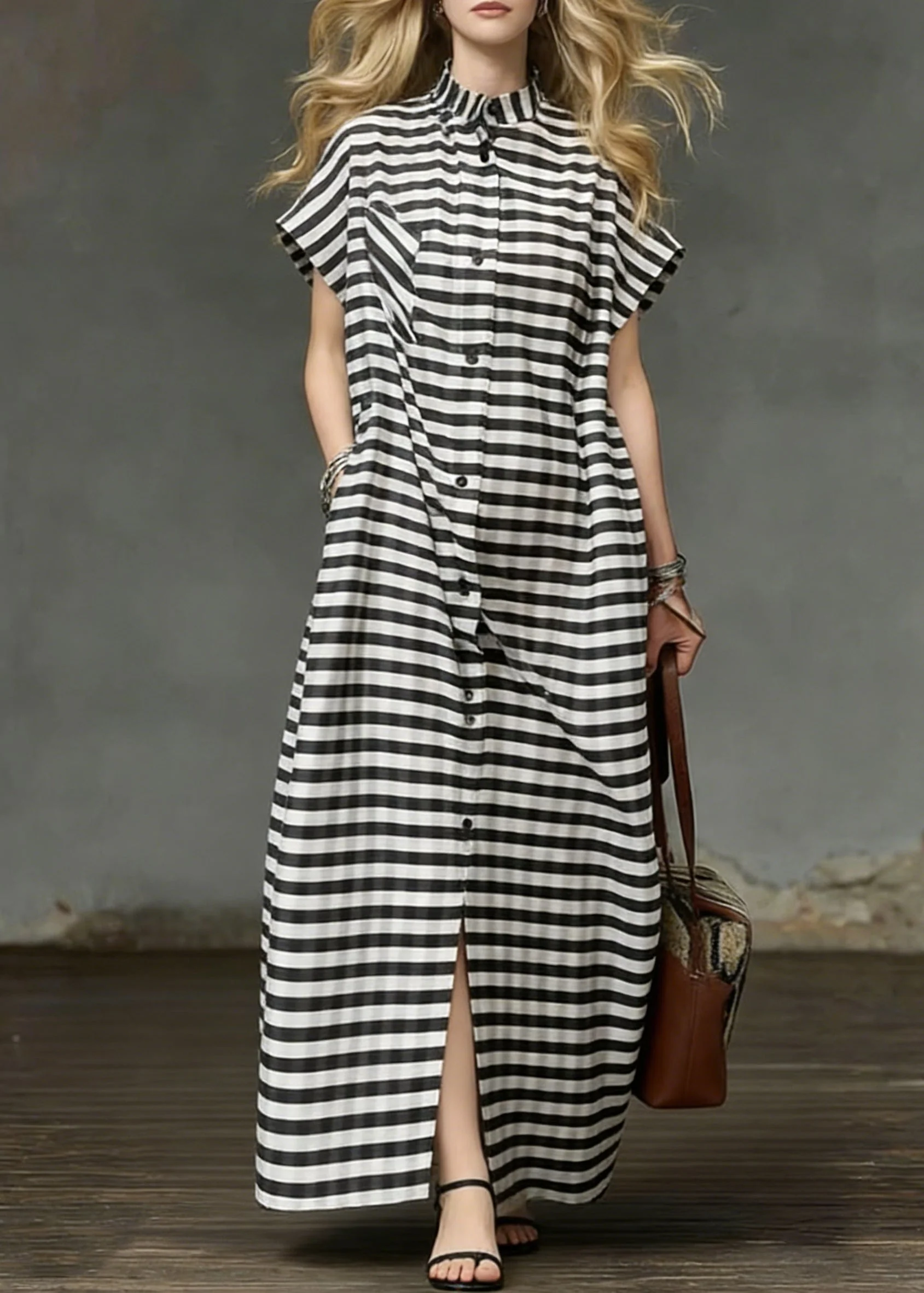 Plus Size Striped Pockets Side Open Cotton Long Dresses Summer - Image 3