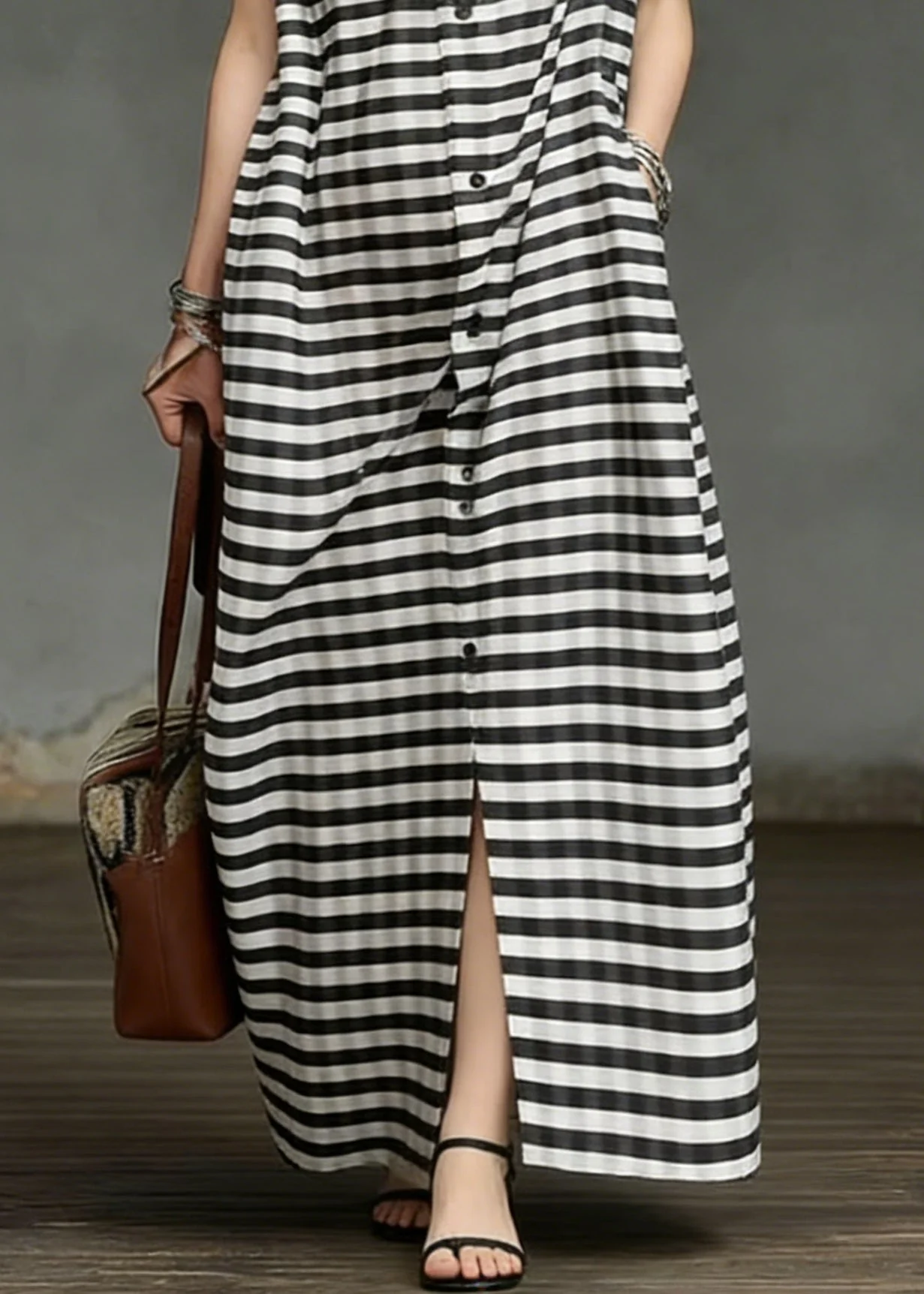 Plus Size Striped Pockets Side Open Cotton Long Dresses Summer - Image 4