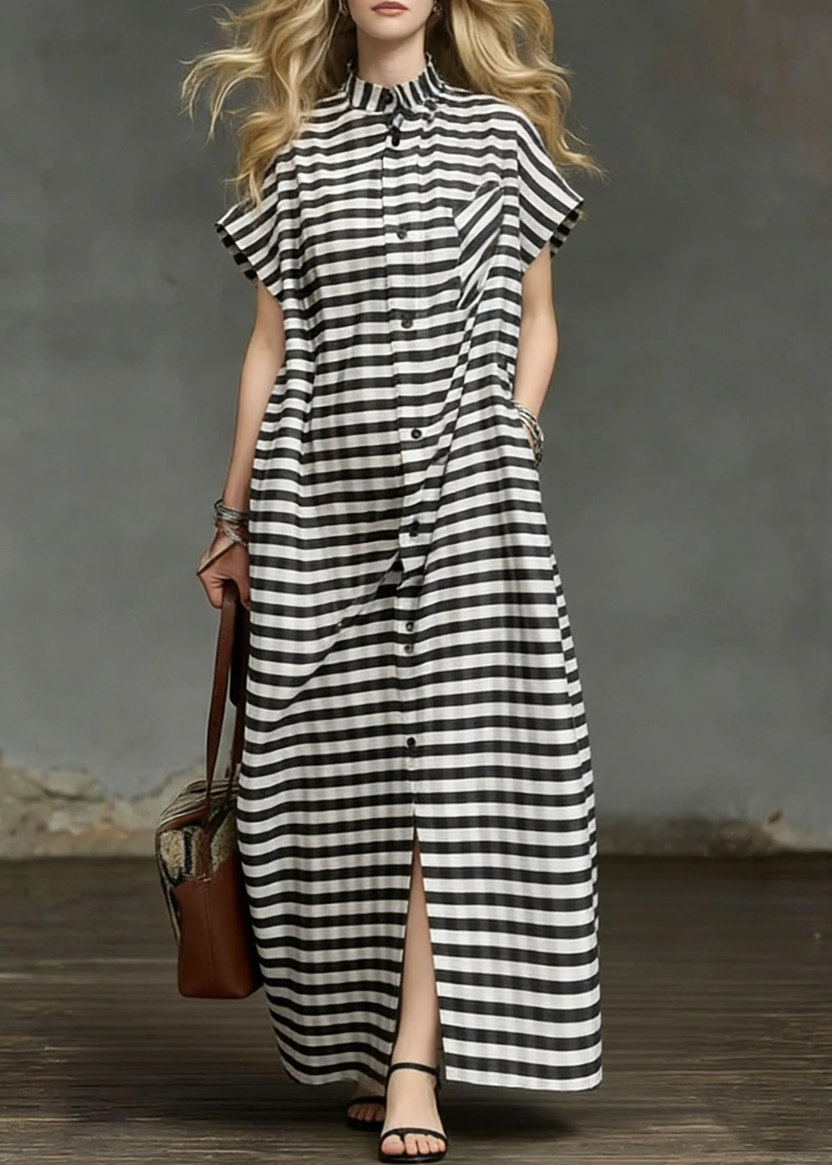 Plus Size Striped Pockets Side Open Cotton Long Dresses Summer - Image 5
