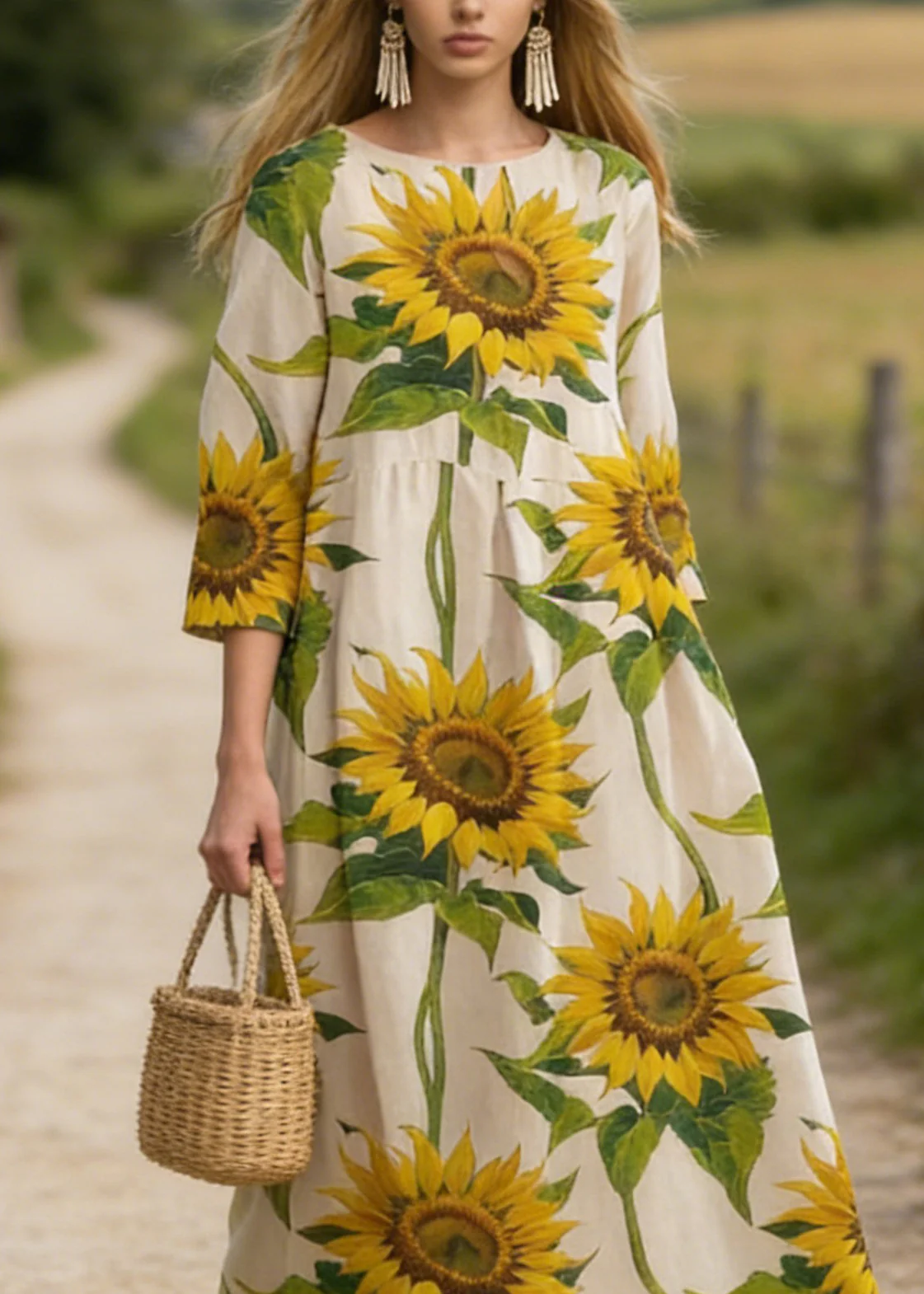Plus Size Sunflower Print Cotton Long Dress Summer - Image 2