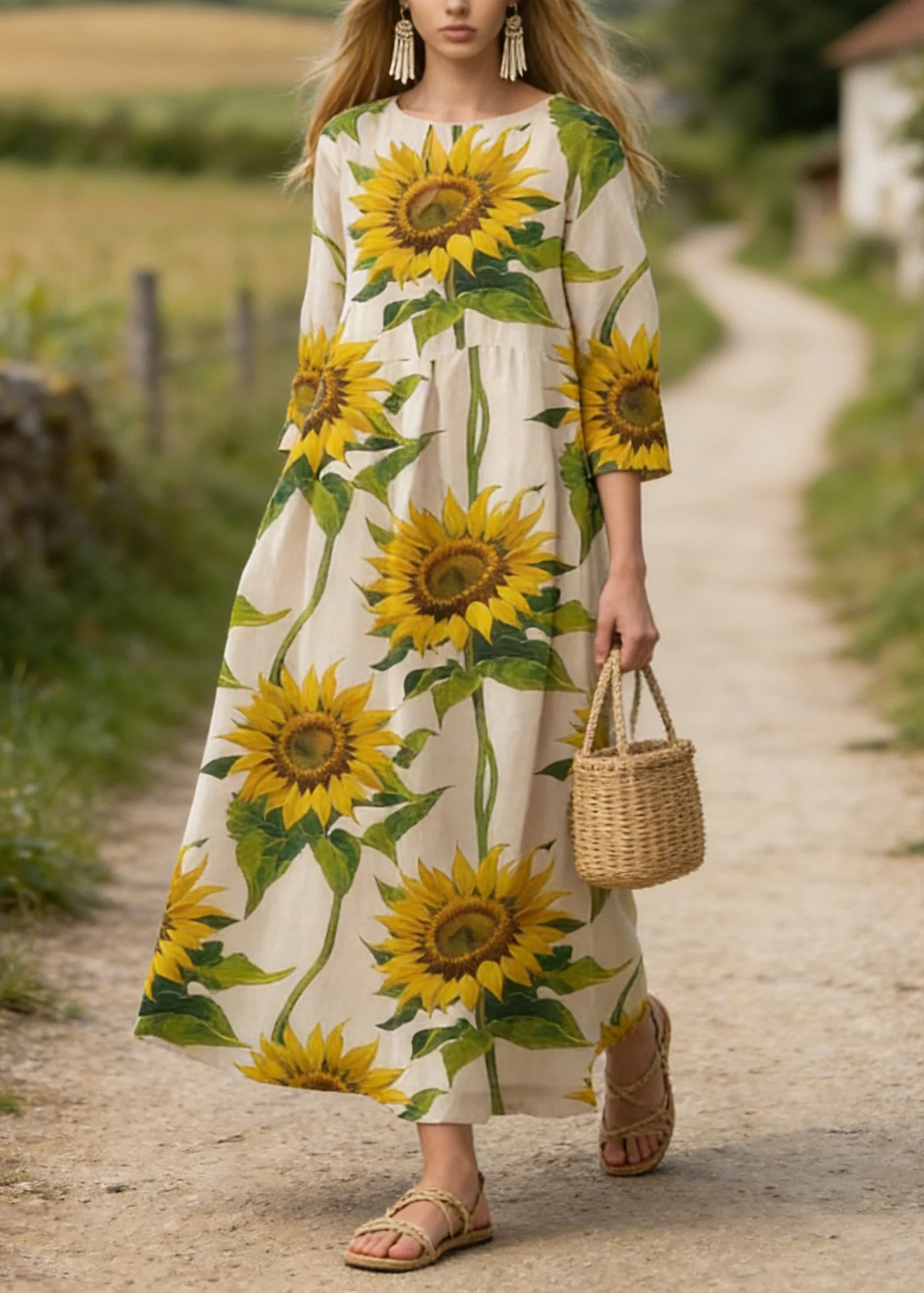 Plus Size Sunflower Print Cotton Long Dress Summer - Image 3
