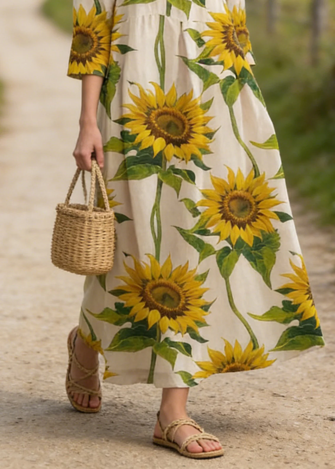 Plus Size Sunflower Print Cotton Long Dress Summer - Image 4