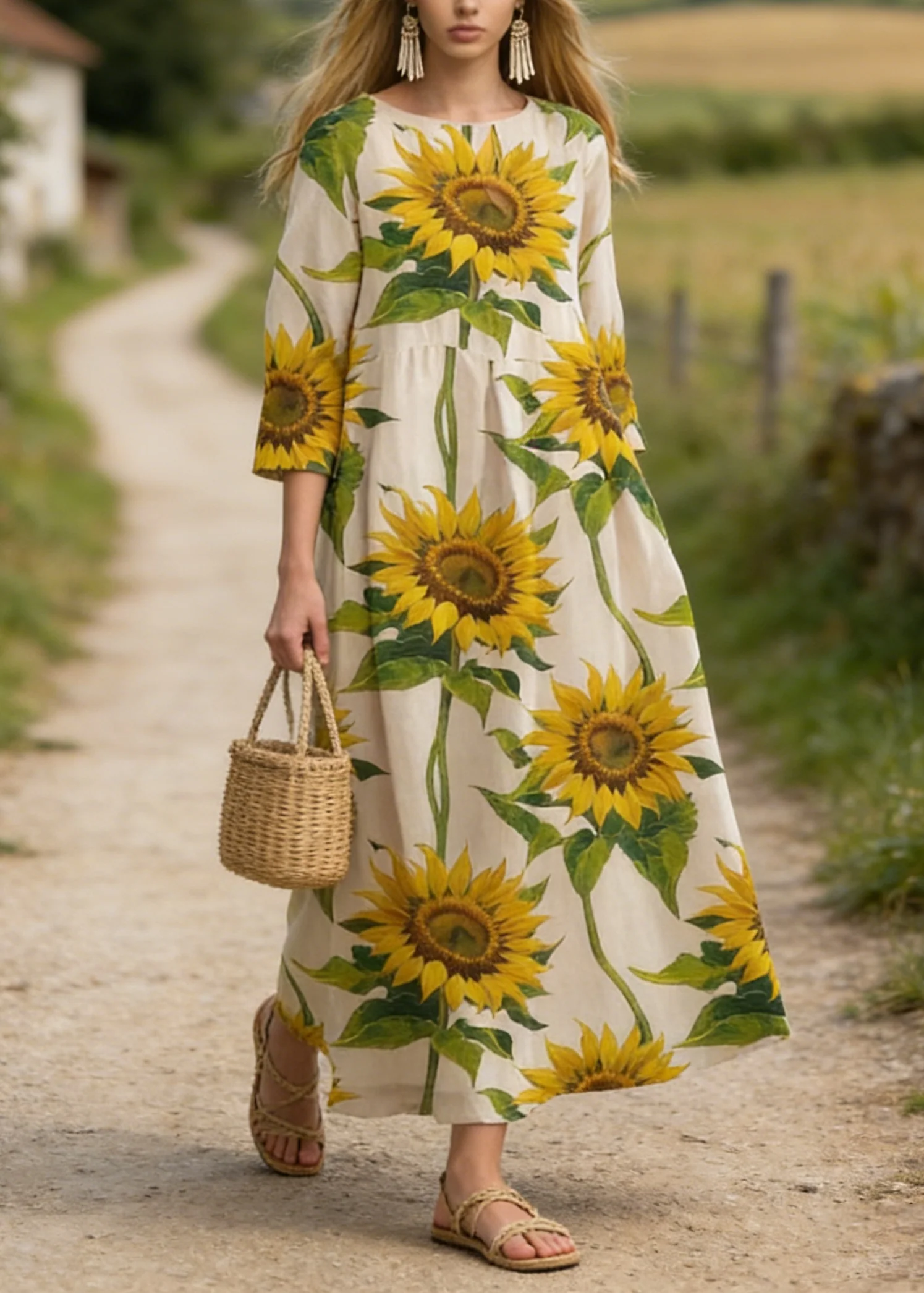 Plus Size Sunflower Print Cotton Long Dress Summer - Image 5