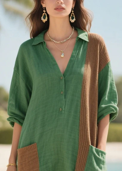 Plus Size Tea Green Oversized Patchwork Pockets Cotton Mid Dresses Summer - Image 2