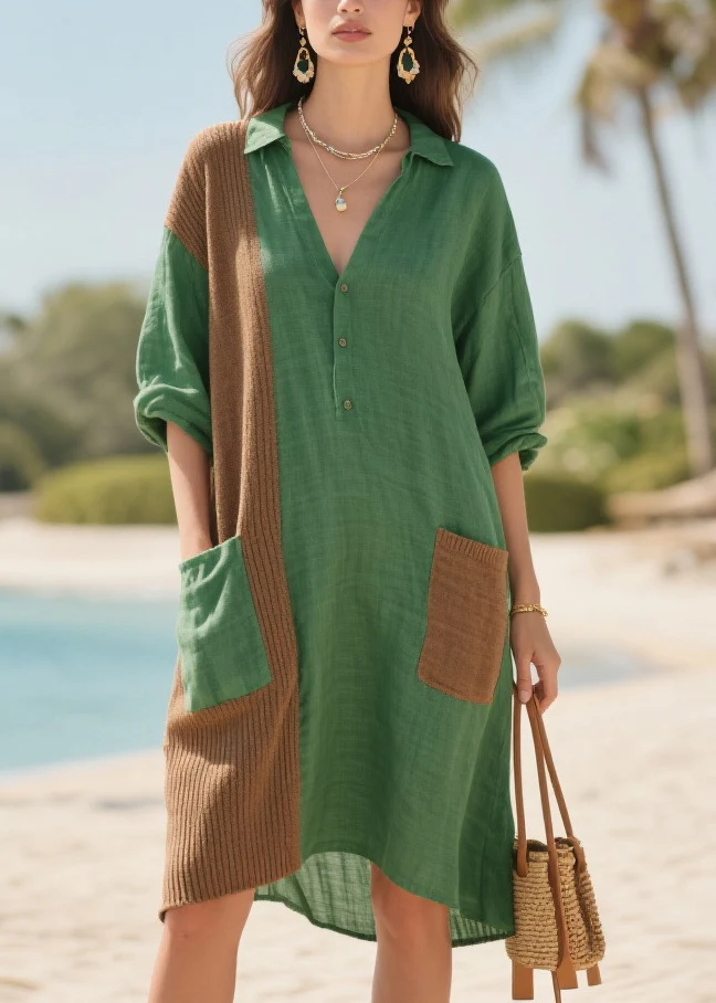 Plus Size Tea Green Oversized Patchwork Pockets Cotton Mid Dresses Summer - Image 3
