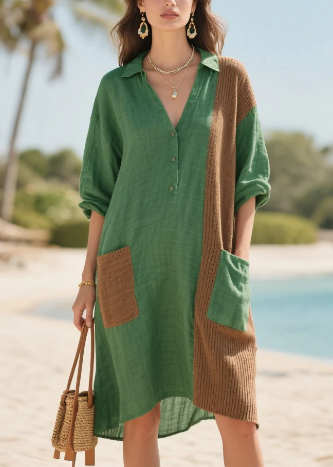 Plus Size Tea Green Oversized Patchwork Pockets Cotton Mid Dresses Summer - Image 5