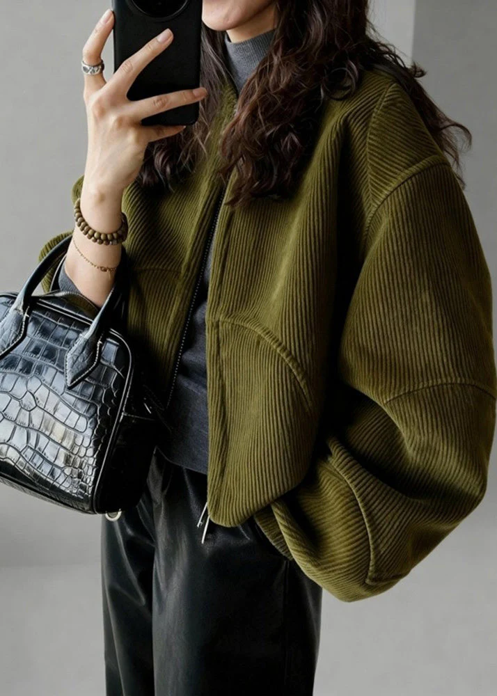 Plus Size Tea Green Oversized Pockets Corduroy Coat Spring - Image 2
