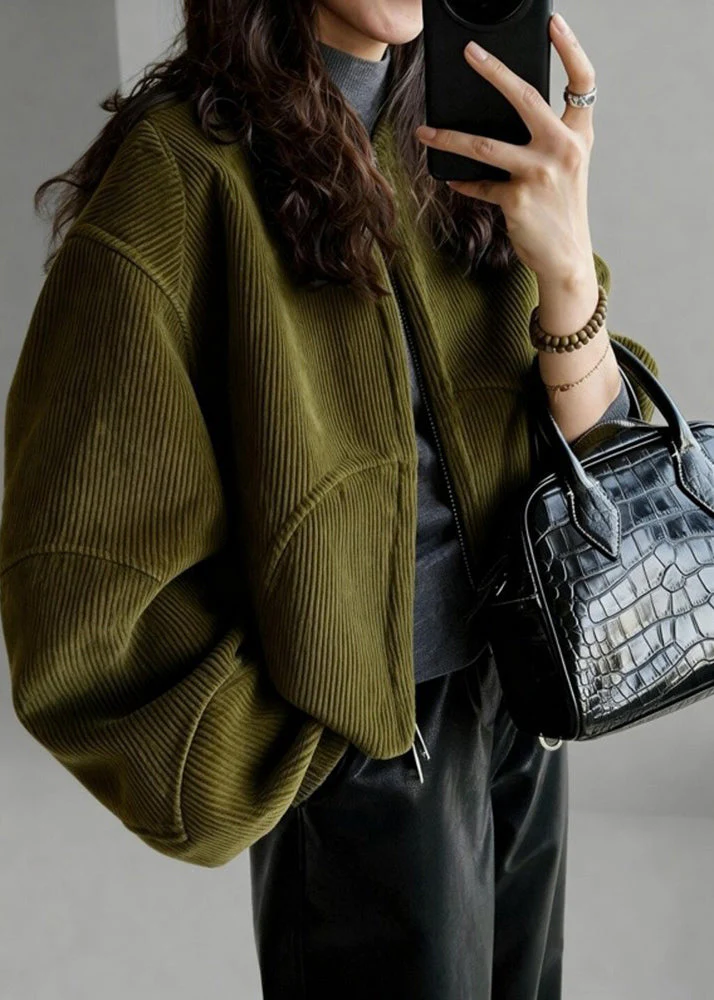 Plus Size Tea Green Oversized Pockets Corduroy Coat Spring - Image 3