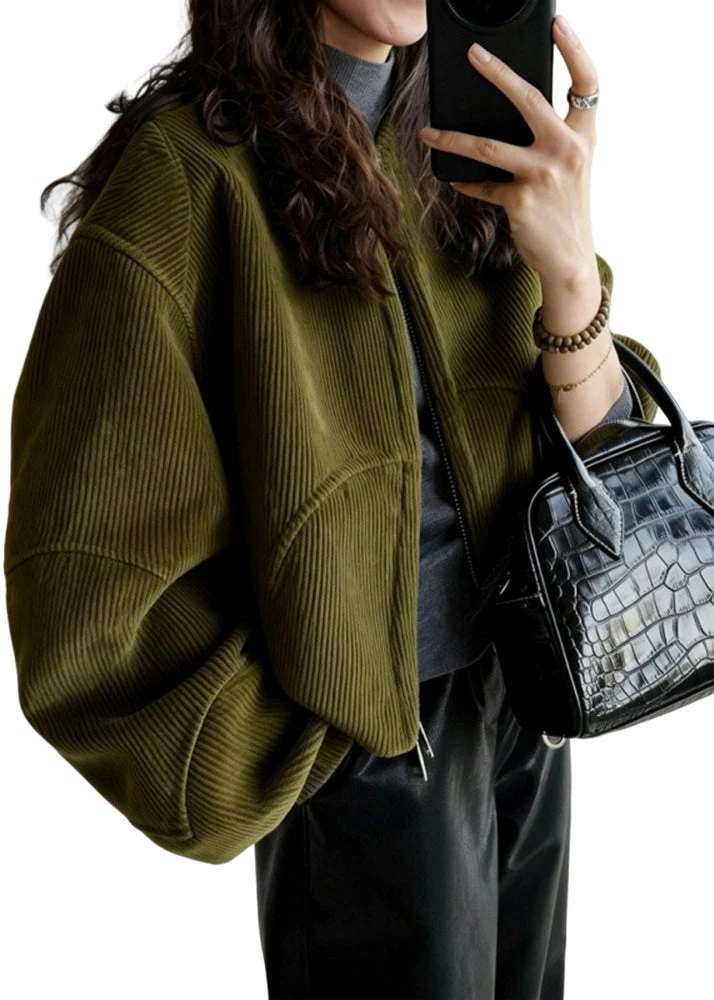 Plus Size Tea Green Oversized Pockets Corduroy Coat Spring - Image 5