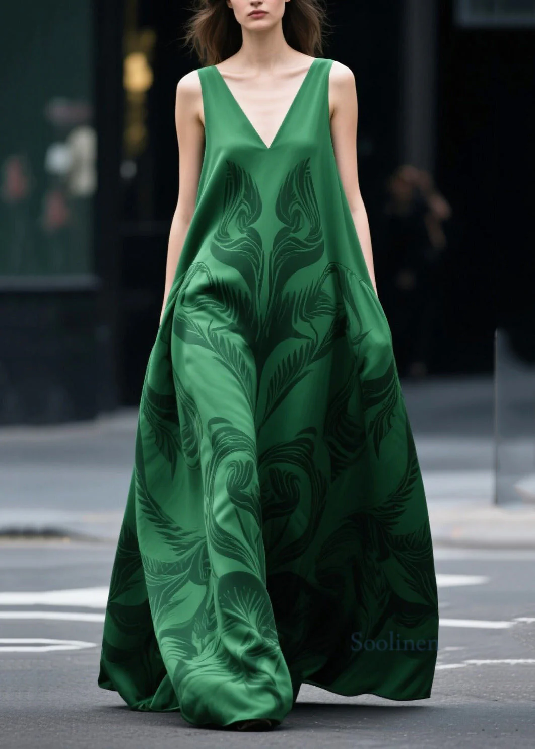 Plus Size Tea Green Oversized Print Chiffon Holiday Dress Sleeveless - Image 5