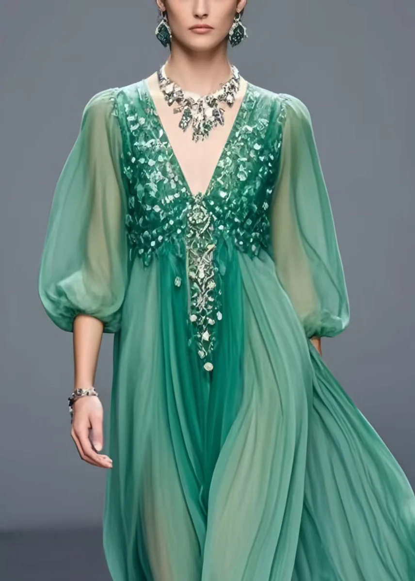 Plus Size Tea Green V Neck Chiffon Holiday Dress Bracelet Sleeve - Image 2