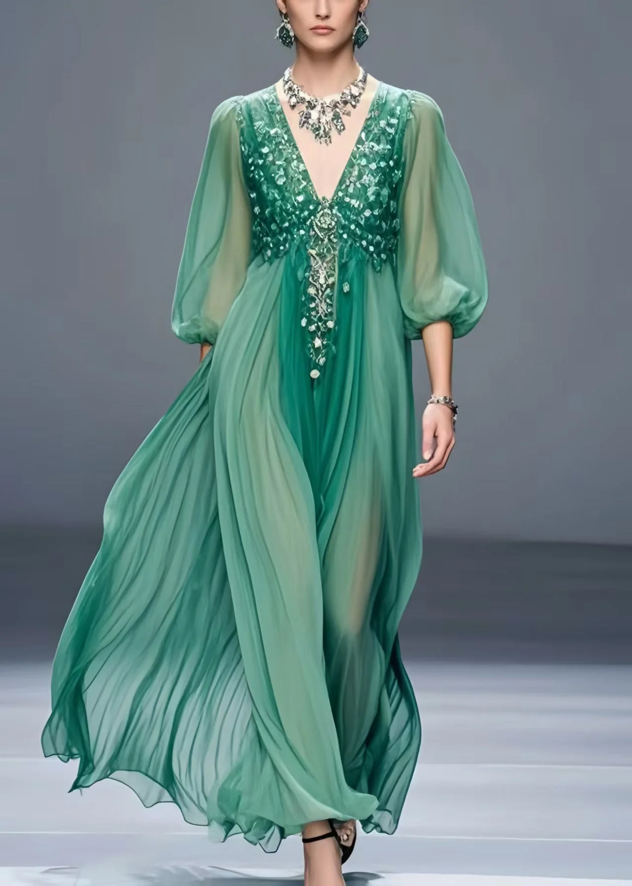 Plus Size Tea Green V Neck Chiffon Holiday Dress Bracelet Sleeve - Image 3