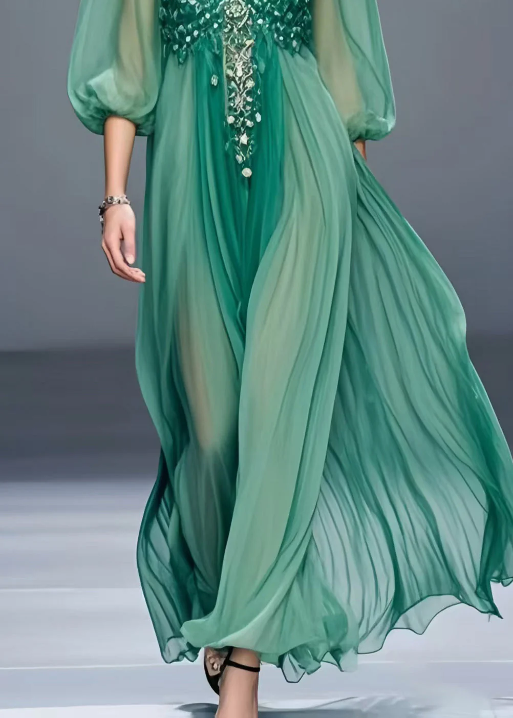 Plus Size Tea Green V Neck Chiffon Holiday Dress Bracelet Sleeve - Image 4