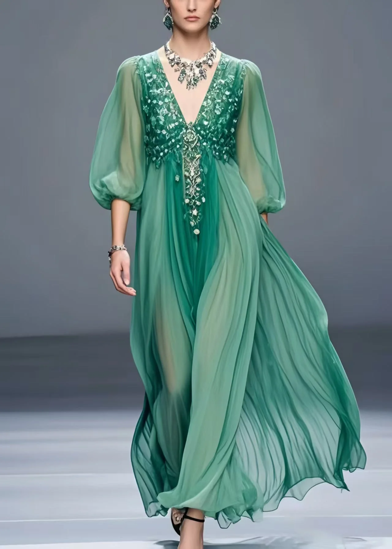 Plus Size Tea Green V Neck Chiffon Holiday Dress Bracelet Sleeve - Image 5