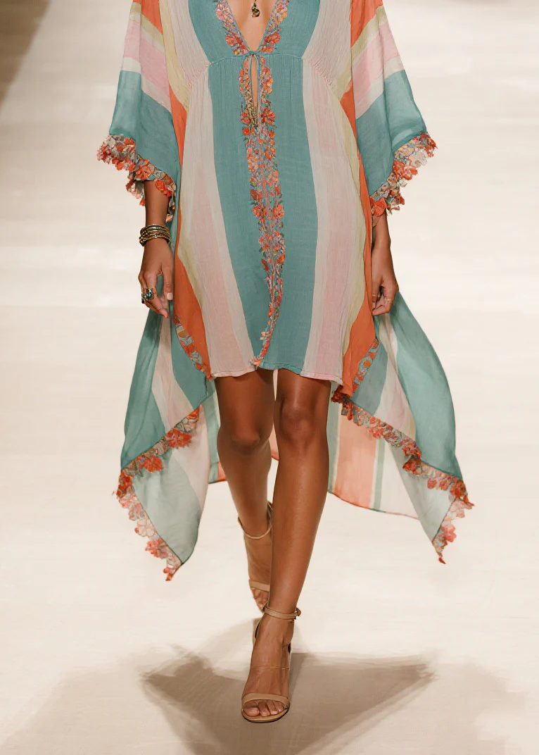 Plus Size V Neck Asymmetrical Patchwork Cotton Dress Summer - Image 4