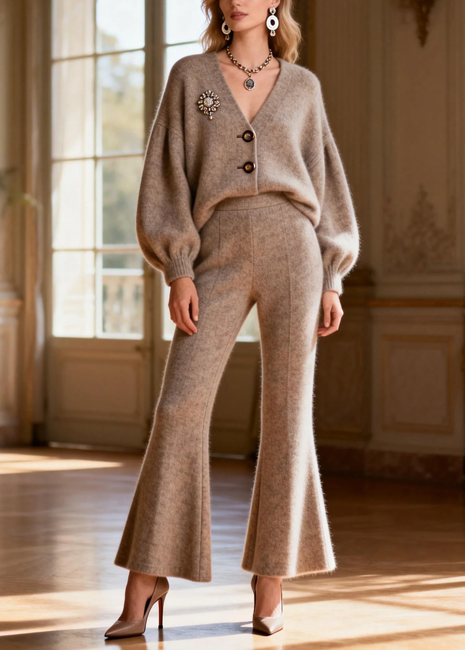 Plus Size V Neck Button Top And Pants Knit Two Pieces Set Spring - Image 5