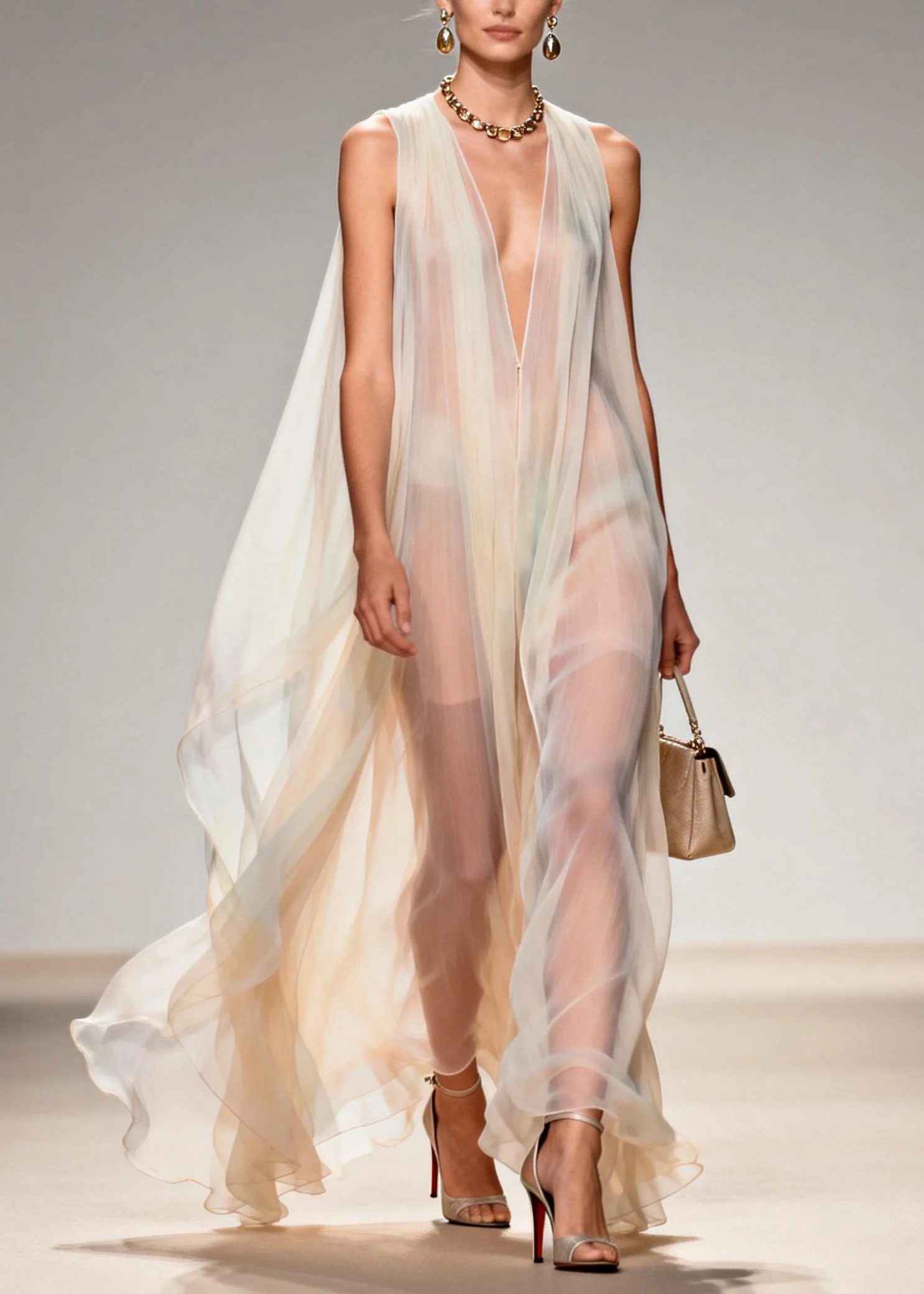 Plus Size V Neck Chiffon Long Dresses Sleeveless - Image 3