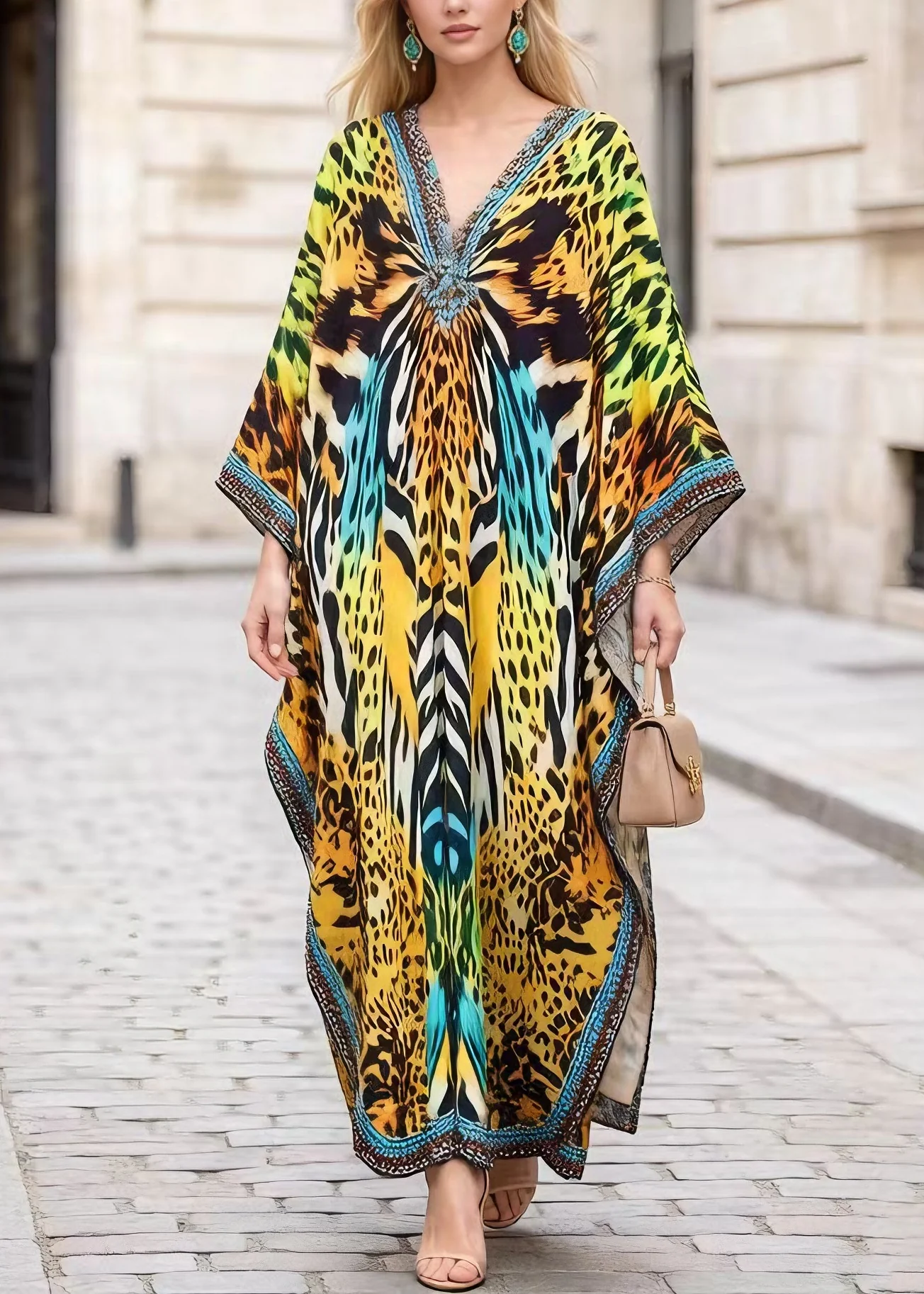 Plus Size V Neck Leopard Print Chiffon Long Dress Summer - Image 5