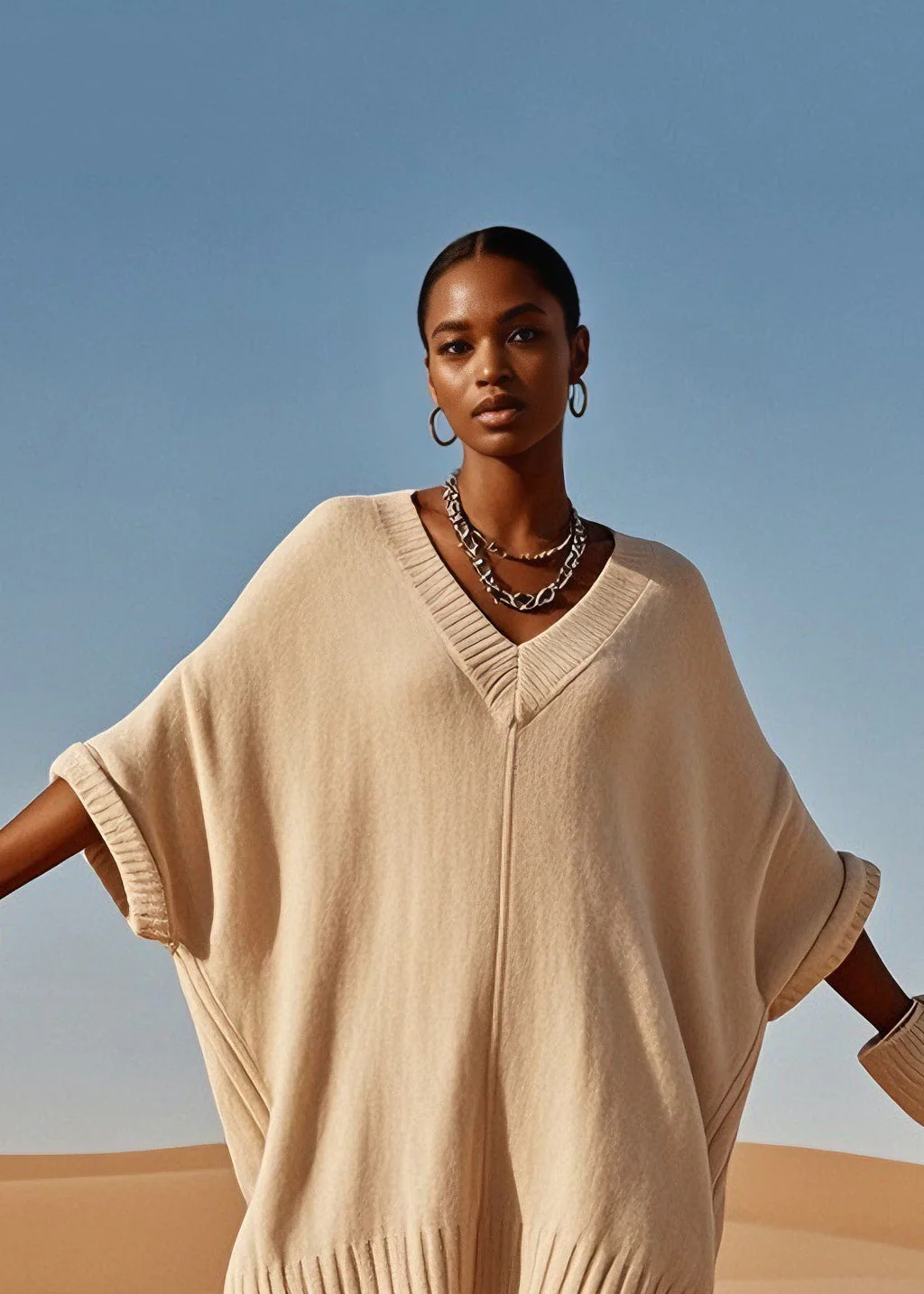 Plus Size V Neck Mid Knit Sweater Dress Batwing Sleeve - Image 2