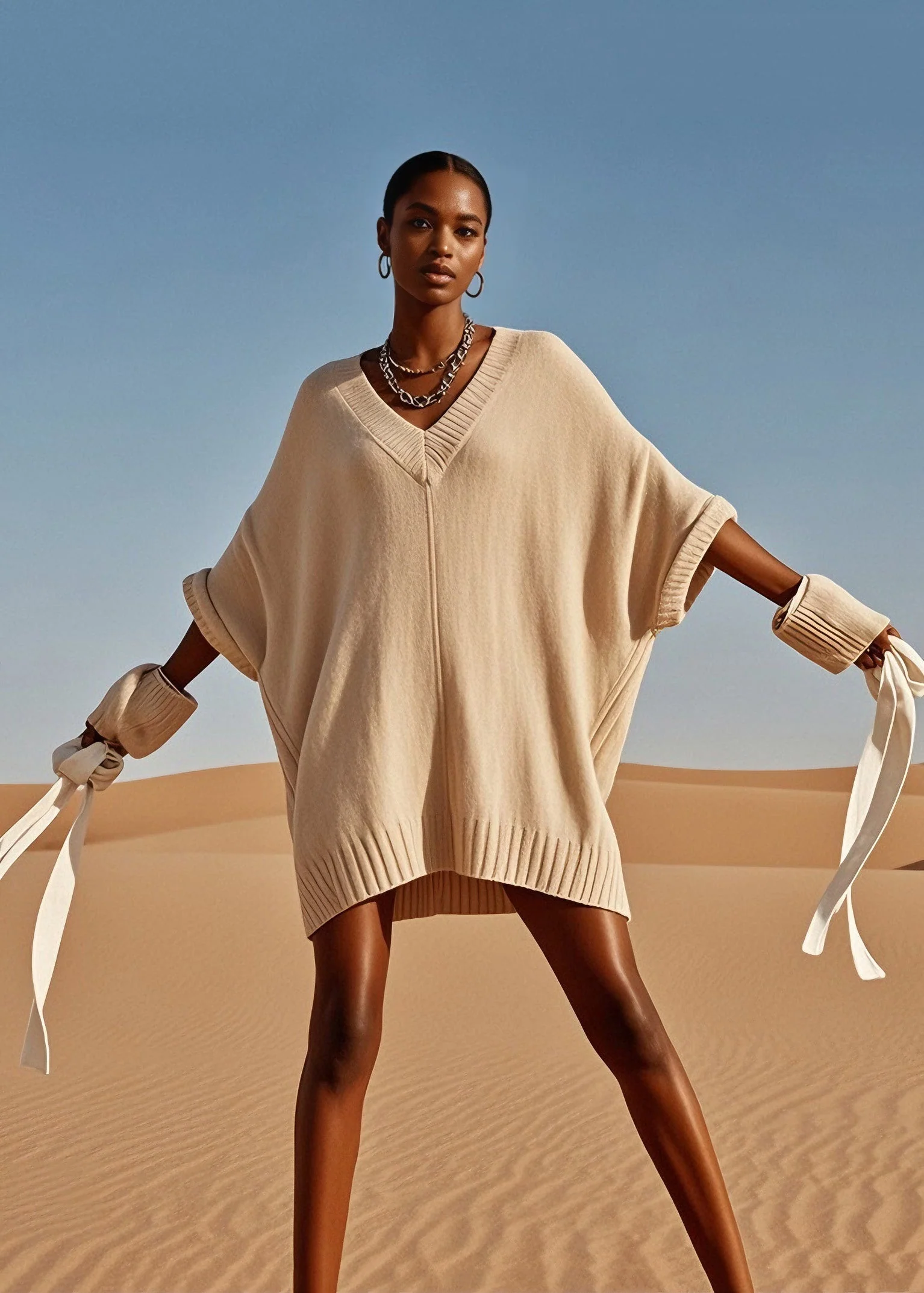 Plus Size V Neck Mid Knit Sweater Dress Batwing Sleeve - Image 3