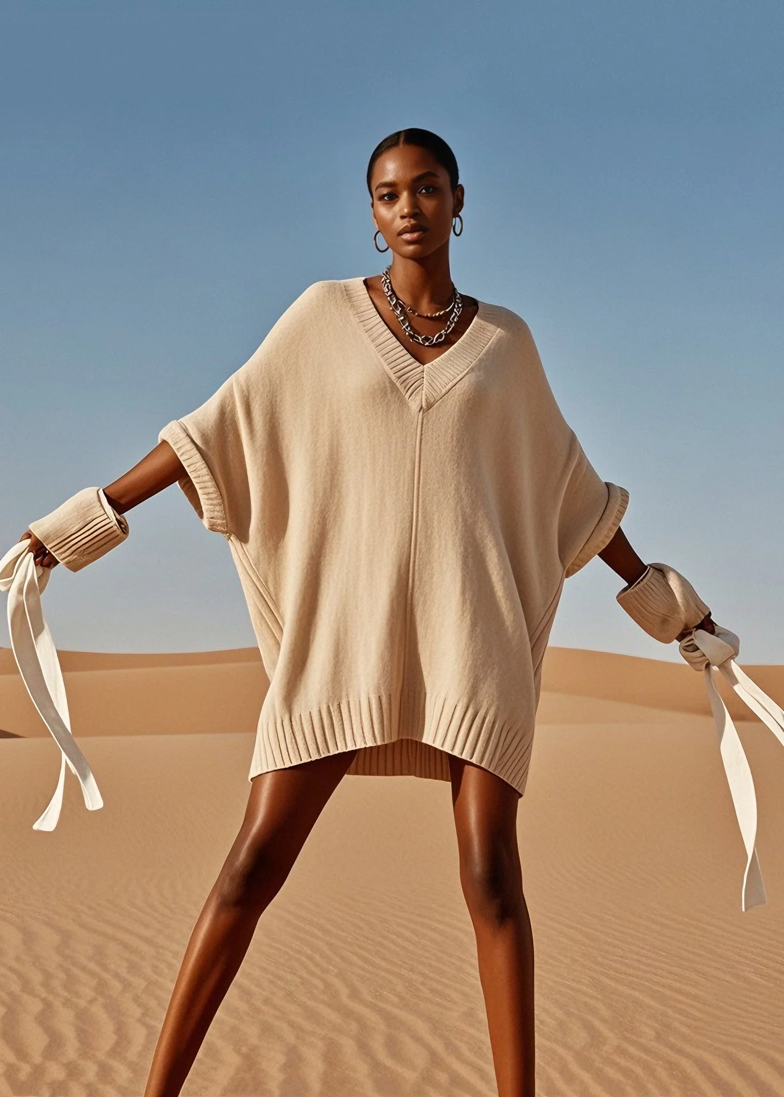 Plus Size V Neck Mid Knit Sweater Dress Batwing Sleeve - Image 5