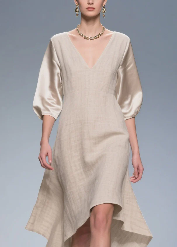 Plus Size V Neck Patchwork Linen Silk Dress Summer - Image 2