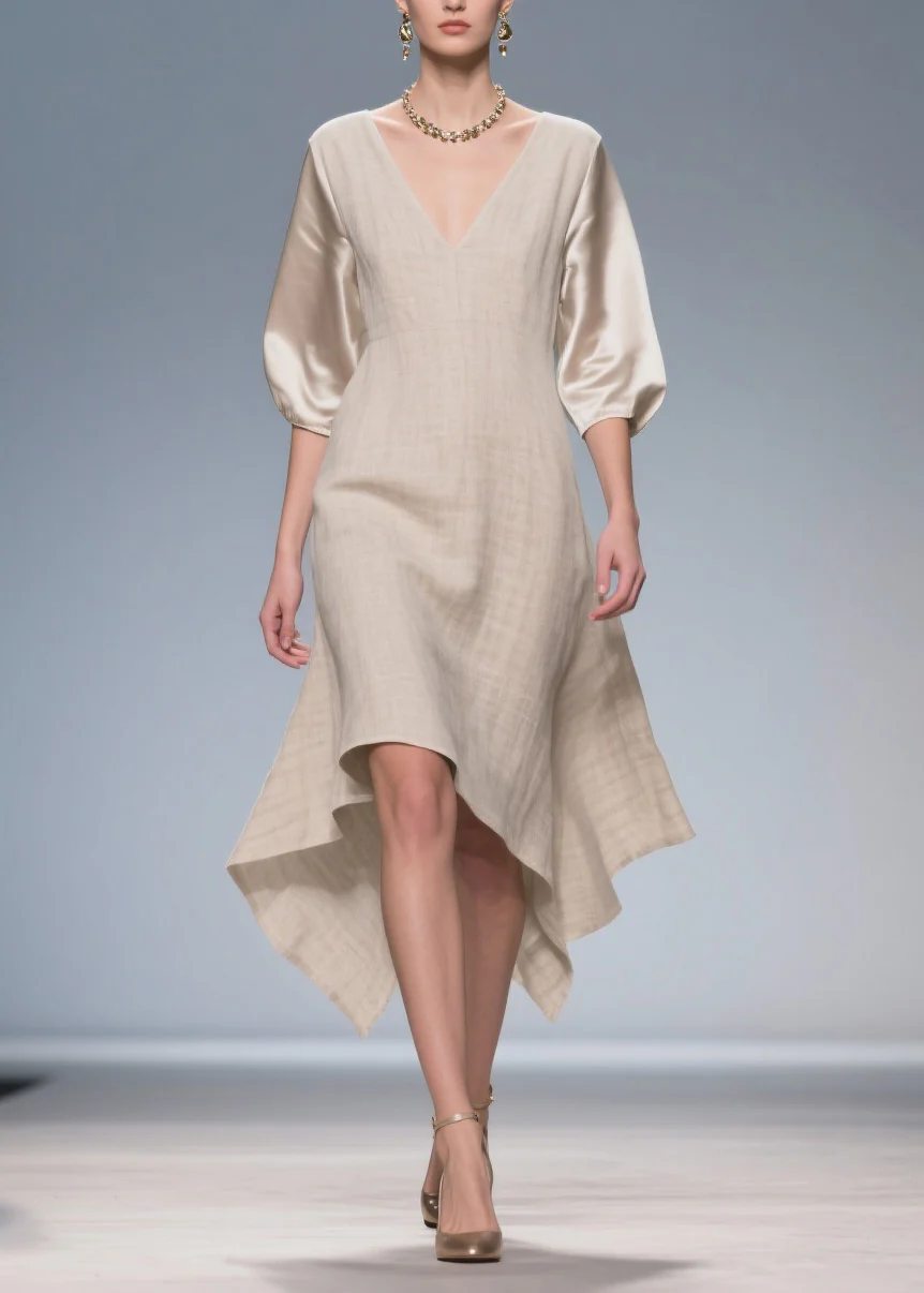 Plus Size V Neck Patchwork Linen Silk Dress Summer - Image 3